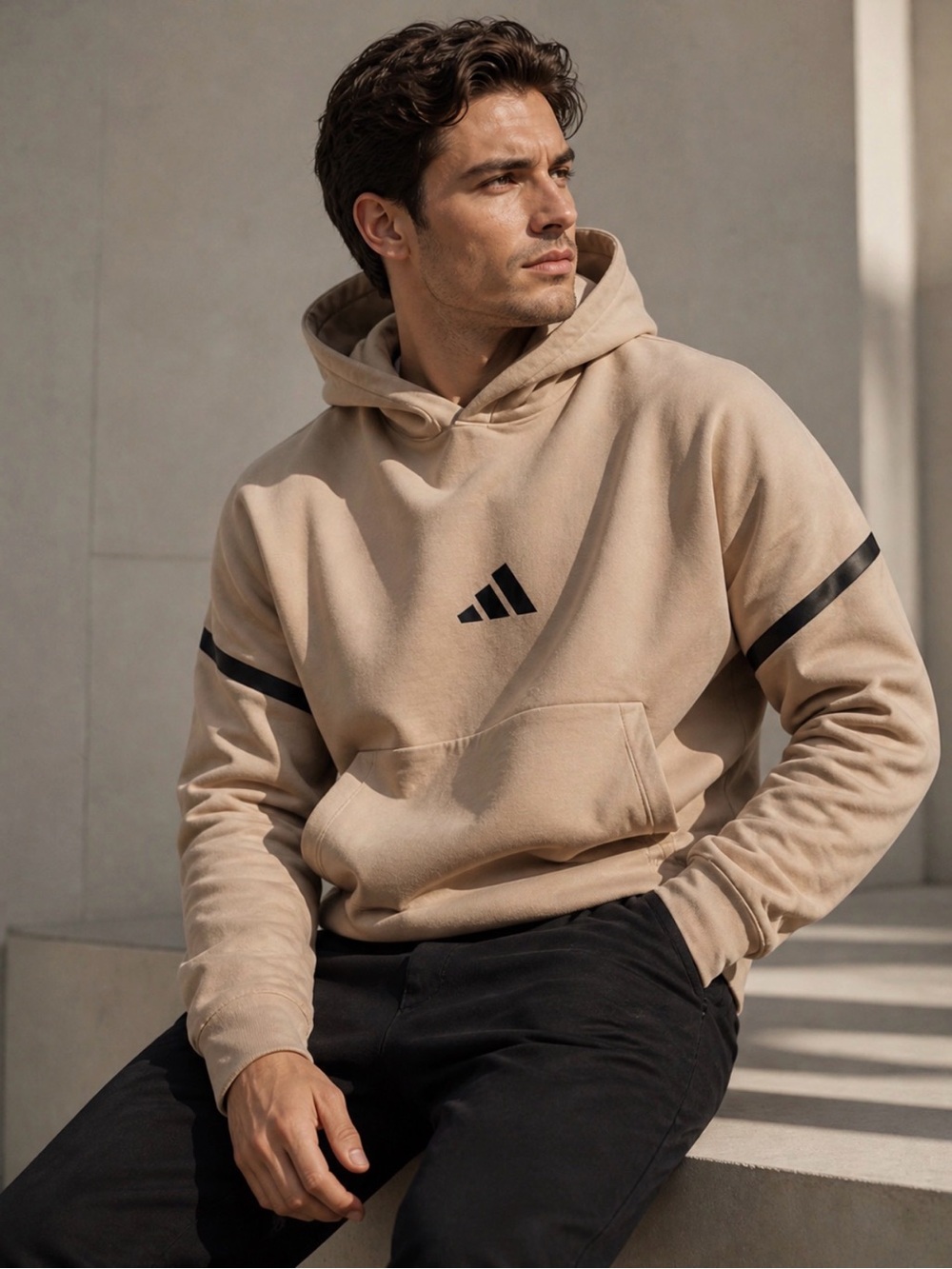 adidas Men's Beige Hoodie with Black Logo and Sleeve Stripes